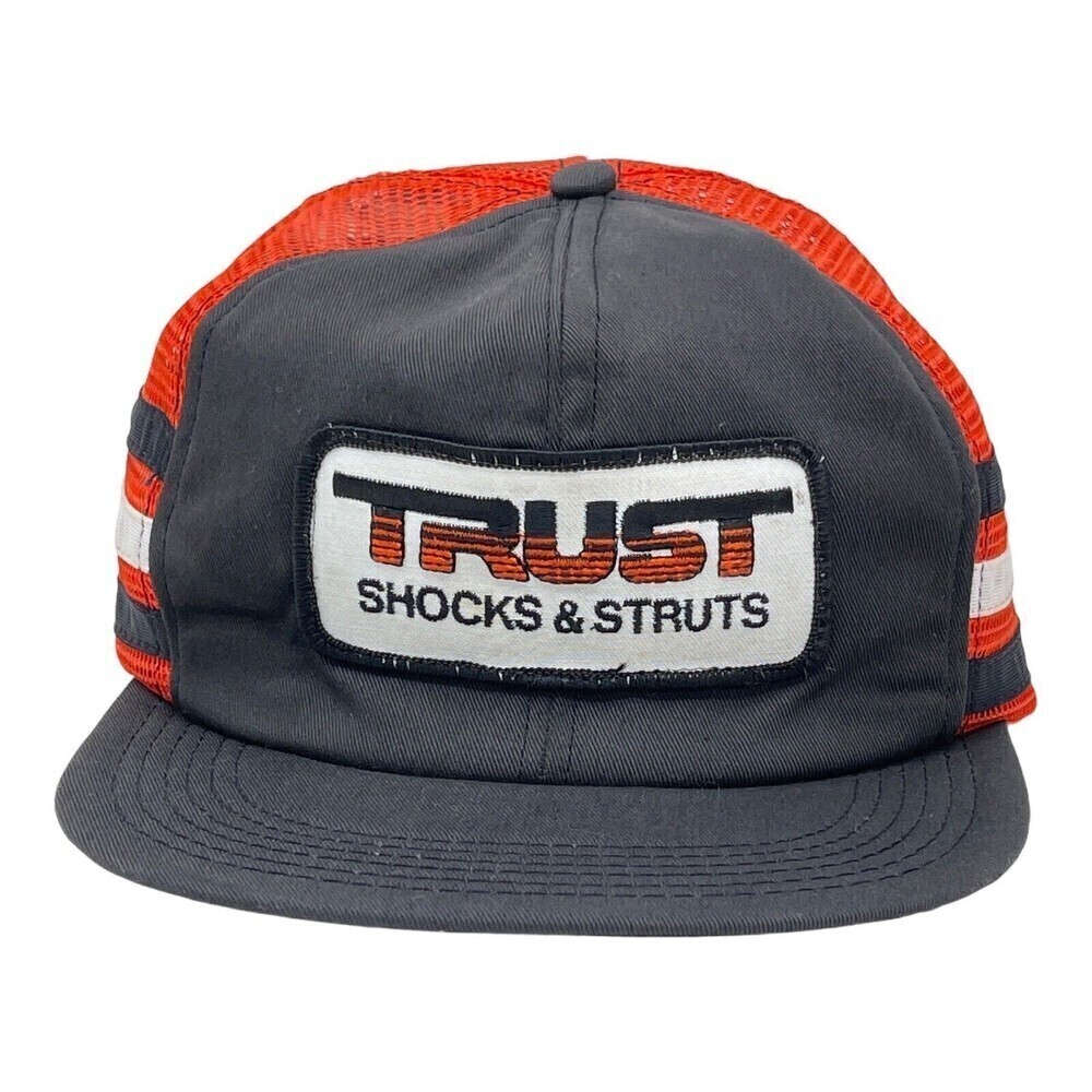 Vtg 3 Stripe Big Patch Snapback Trucker Hat Made in USA Trust Shocks & Struts